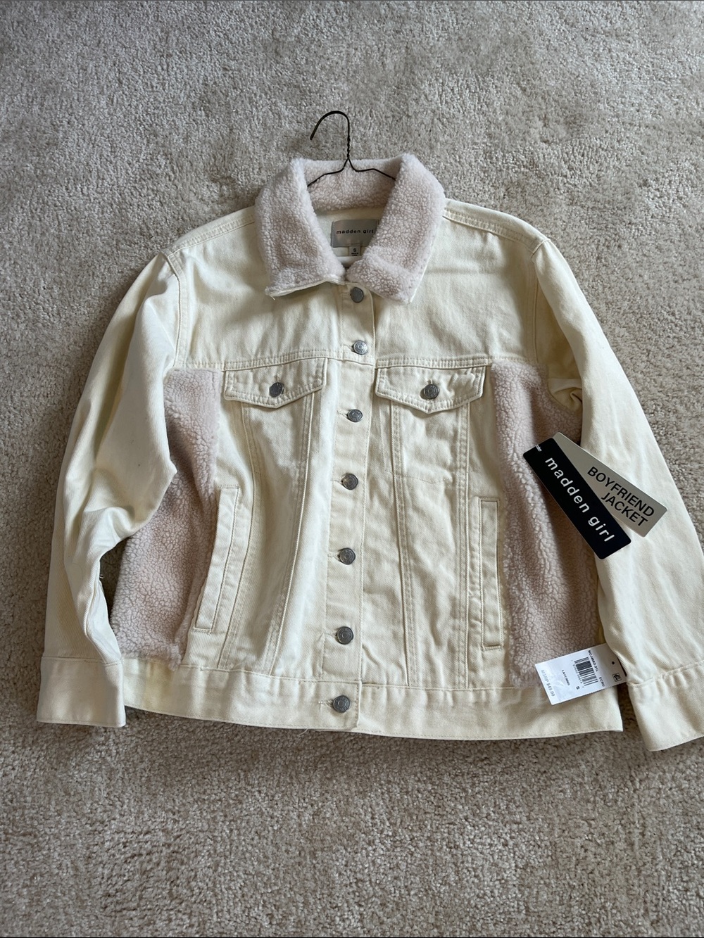 Madden Girl Cream Sherpa-Trim Boyfriend Jean Jacket